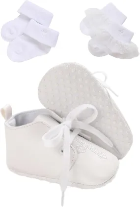 Baby Baptism Shoes & Socks, Boys Girls Infant Toddler, Soft Sole White Christening Sneaker Socks, 3PC