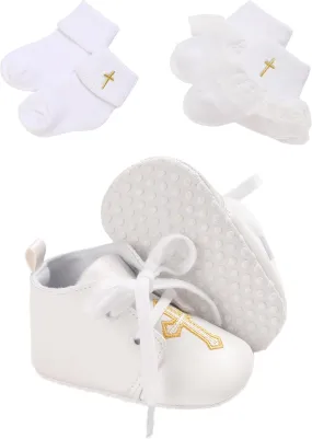 Baby Baptism Shoes & Socks, Boys Girls Infant Toddler, Soft Sole White Christening Sneaker Socks, 3PC
