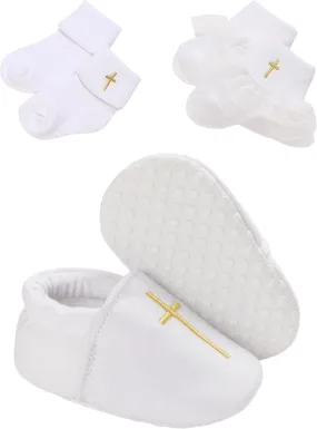 Baby Baptism Shoes & Socks, Boys Girls Infant Toddler, Soft Sole White Christening Sneaker Socks, 3PC