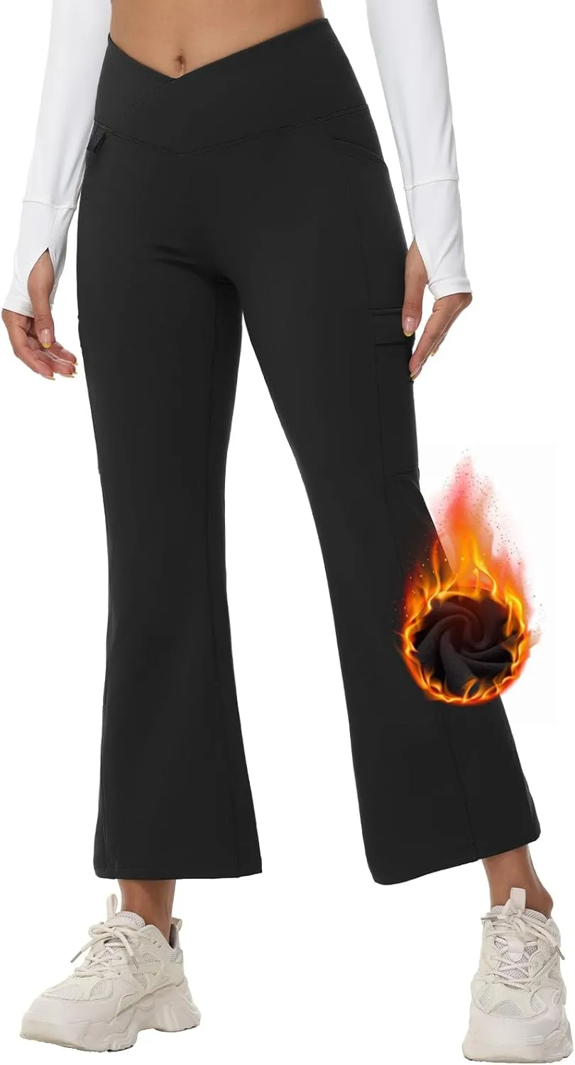 baleaf Women's Fleece Lined Pants Winter Thermal Water Resistant Crossover Flare Leggings Warm Bootcut Hiking Outdoor