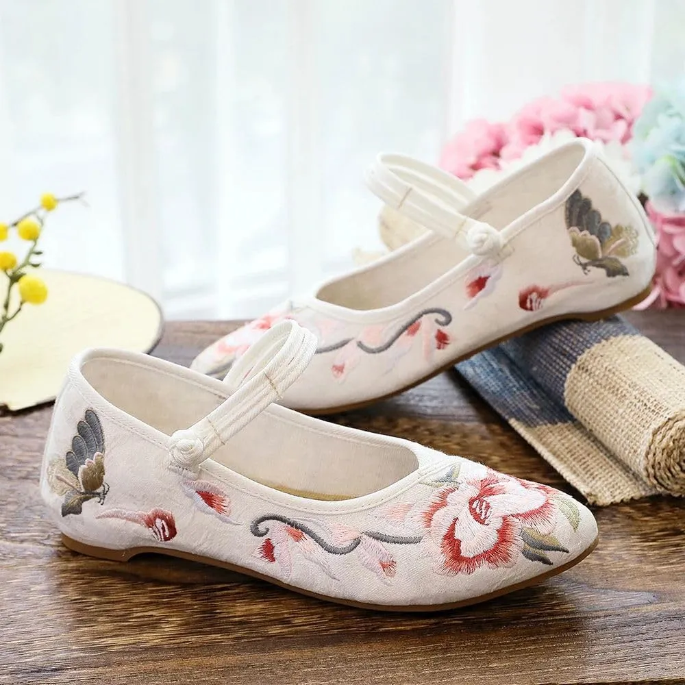 Butterfly Flowers Embroidered Women Canvas Ballet Flats Cotton Pointed Toe Ballerinas Shoes Ladies Dancing Shoes
