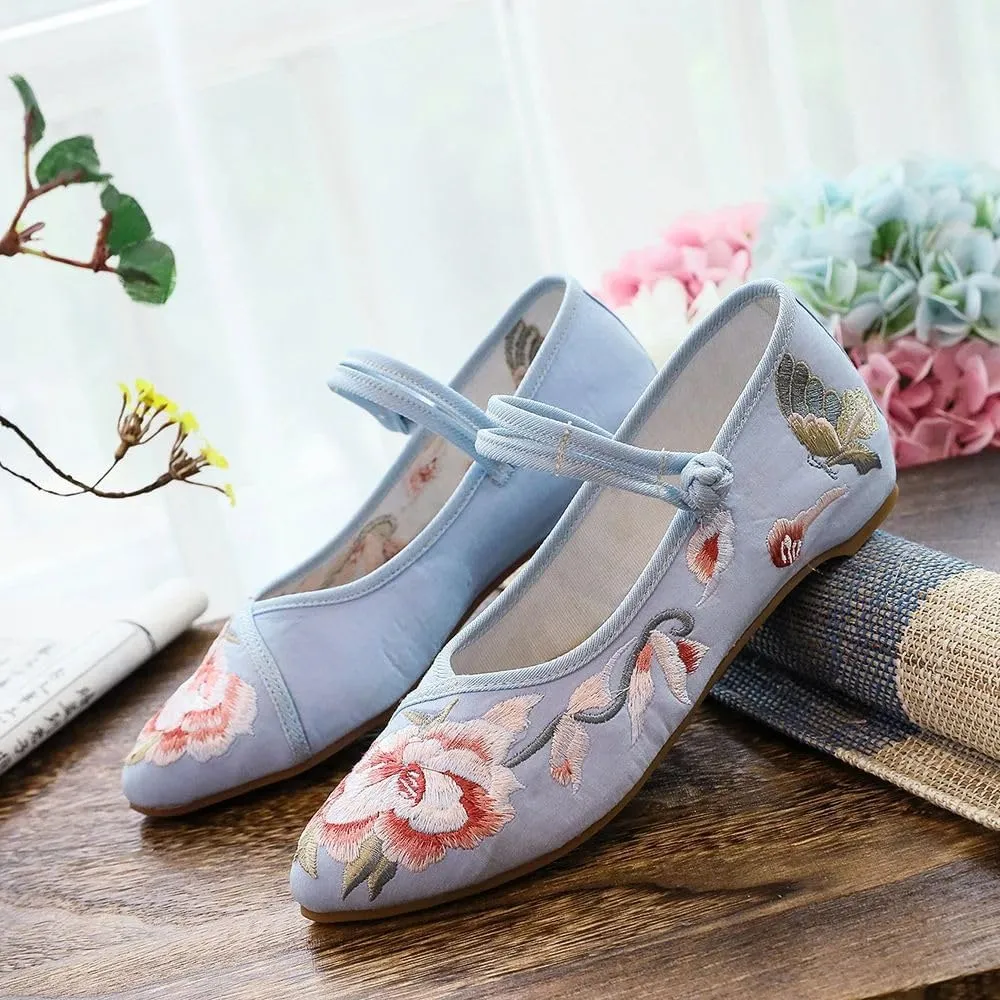 Butterfly Flowers Embroidered Women Canvas Ballet Flats Cotton Pointed Toe Ballerinas Shoes Ladies Dancing Shoes