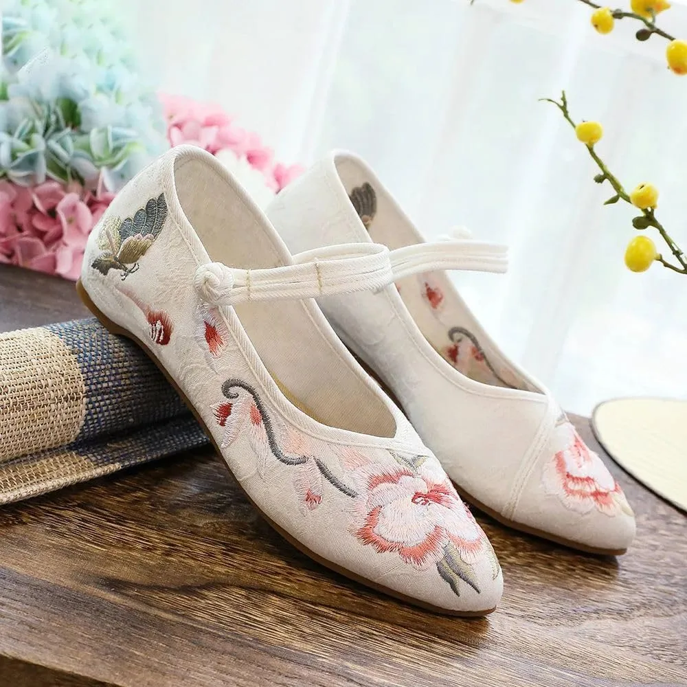 Butterfly Flowers Embroidered Women Canvas Ballet Flats Cotton Pointed Toe Ballerinas Shoes Ladies Dancing Shoes