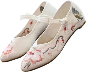 Butterfly Flowers Embroidered Women Canvas Ballet Flats Cotton Pointed Toe Ballerinas Shoes Ladies Dancing Shoes