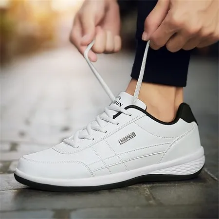 Damyuan Mens Casual Shoes Leather Fashion Sneakers Breathable Comfort Walking Shoes for Male Low-Top Trainers, White, 8