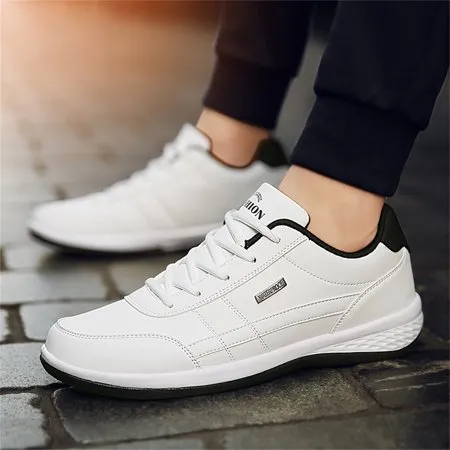 Damyuan Mens Casual Shoes Leather Fashion Sneakers Breathable Comfort Walking Shoes for Male Low-Top Trainers, White, 8