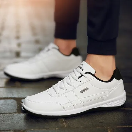 Damyuan Mens Casual Shoes Leather Fashion Sneakers Breathable Comfort Walking Shoes for Male Low-Top Trainers, White, 8