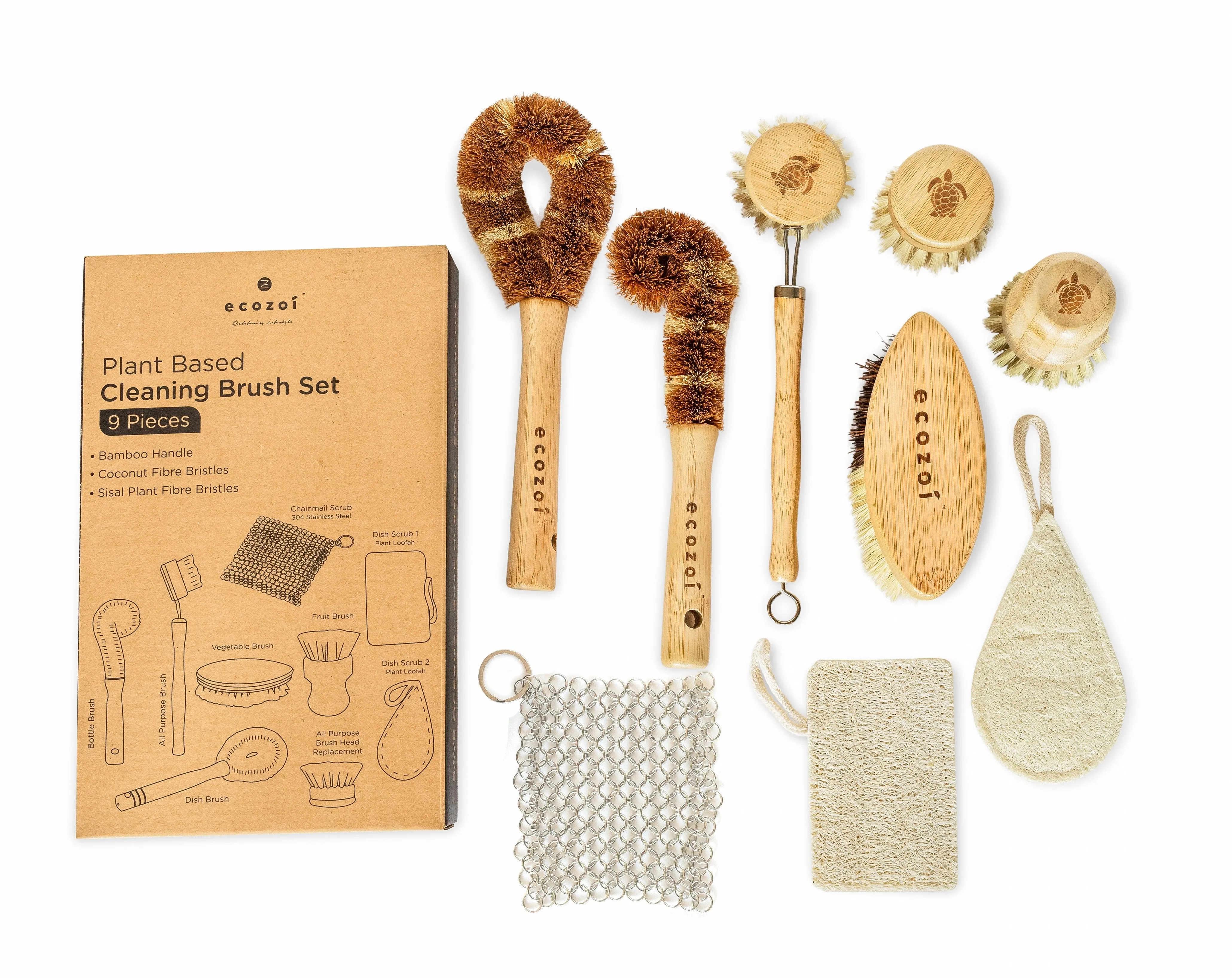 Dish Brush Set, 9 Piece Kitchen Scrub, Zero Waste Brush Set, Plant Based Vegetable Brush Set by ecozoi