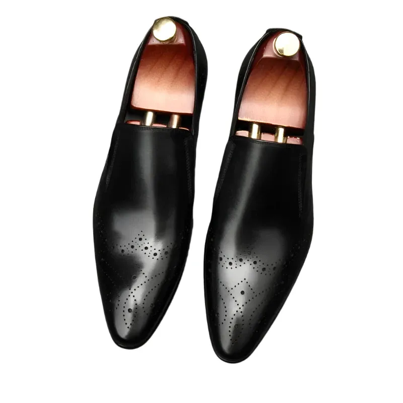 Formal Cow Leather Loafers for Men – Genuine Leather Slip-On Dress Shoes with Pointed Toe for Weddings and Casual Wear