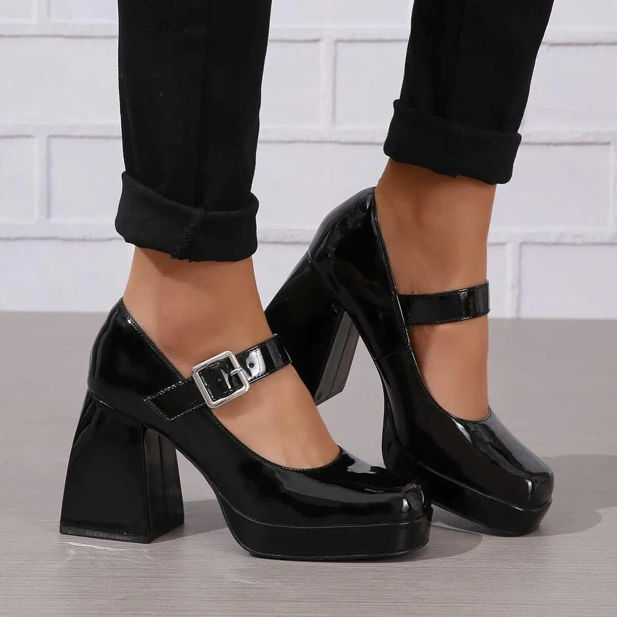 Mary Jane Shoes for Women Platform Chunky Block High Heels Square Toe Ankle Strap Party Dress Pumps Shoes Black White Khaki US5-11