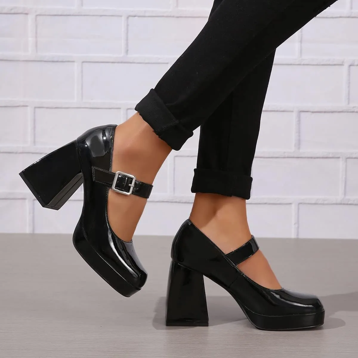 Mary Jane Shoes for Women Platform Chunky Block High Heels Square Toe Ankle Strap Party Dress Pumps Shoes Black White Khaki US5-11