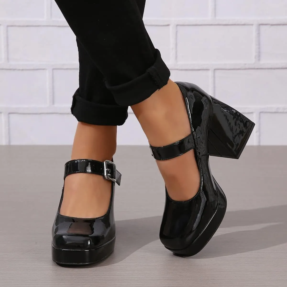 Mary Jane Shoes for Women Platform Chunky Block High Heels Square Toe Ankle Strap Party Dress Pumps Shoes Black White Khaki US5-11