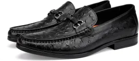 Men's Leather Dress Shoes, Casual Ostrich Patterned with Buckle Slip-On Penny Loafers for Wedding Party Business, Formal Dress Shoes for Men