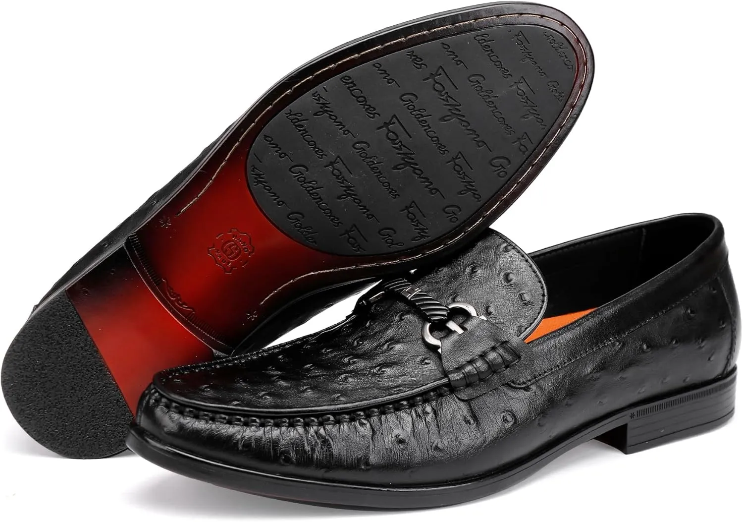 Men's Leather Dress Shoes, Casual Ostrich Patterned with Buckle Slip-On Penny Loafers for Wedding Party Business, Formal Dress Shoes for Men