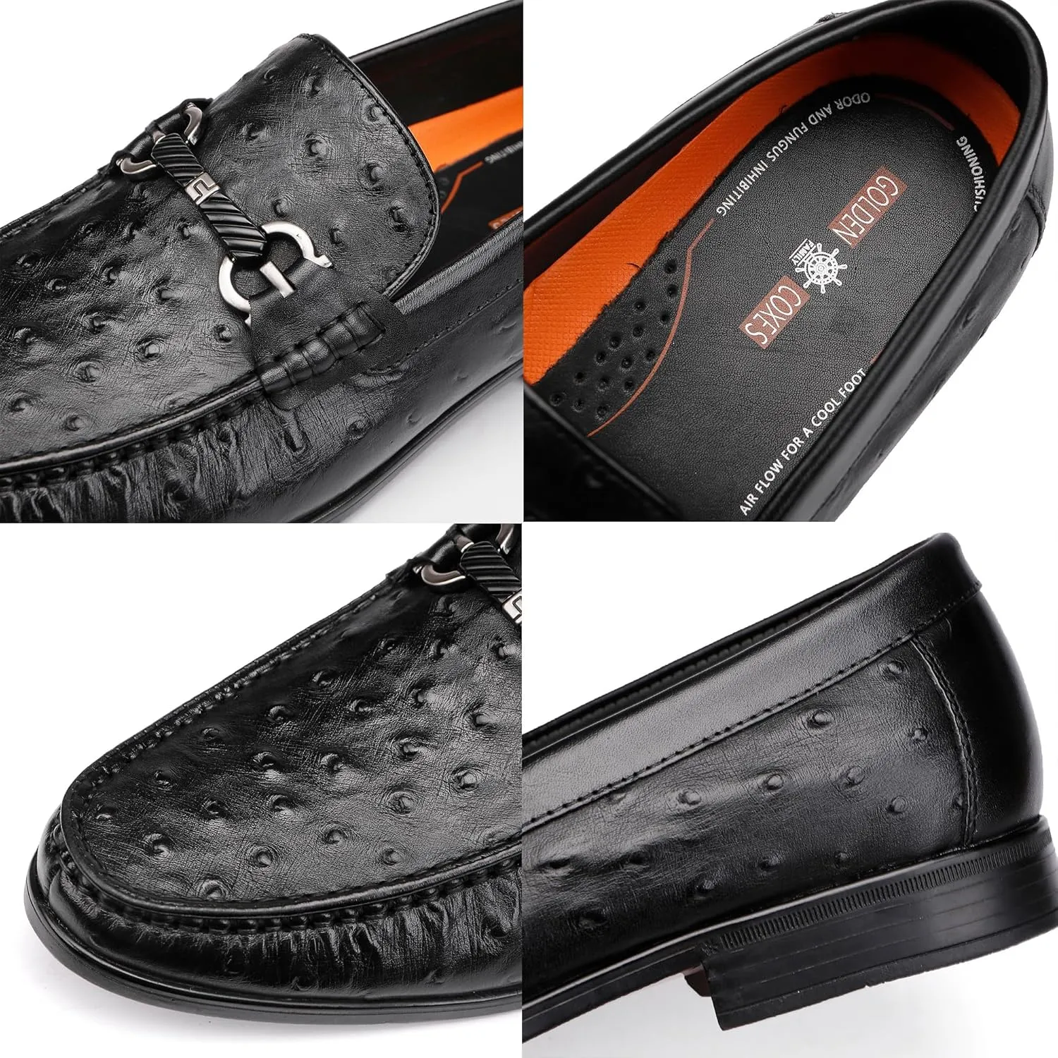 Men's Leather Dress Shoes, Casual Ostrich Patterned with Buckle Slip-On Penny Loafers for Wedding Party Business, Formal Dress Shoes for Men