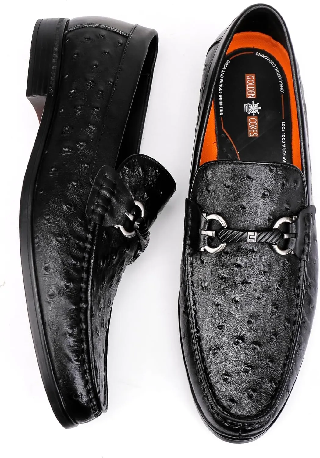 Men's Leather Dress Shoes, Casual Ostrich Patterned with Buckle Slip-On Penny Loafers for Wedding Party Business, Formal Dress Shoes for Men