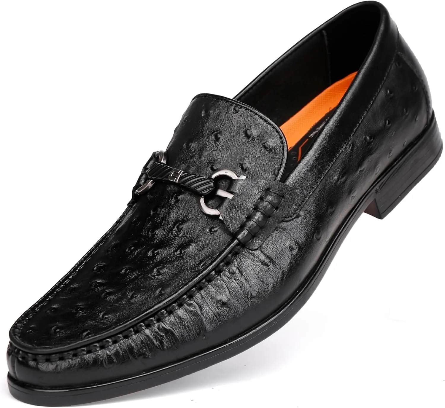 Men's Leather Dress Shoes, Casual Ostrich Patterned with Buckle Slip-On Penny Loafers for Wedding Party Business, Formal Dress Shoes for Men