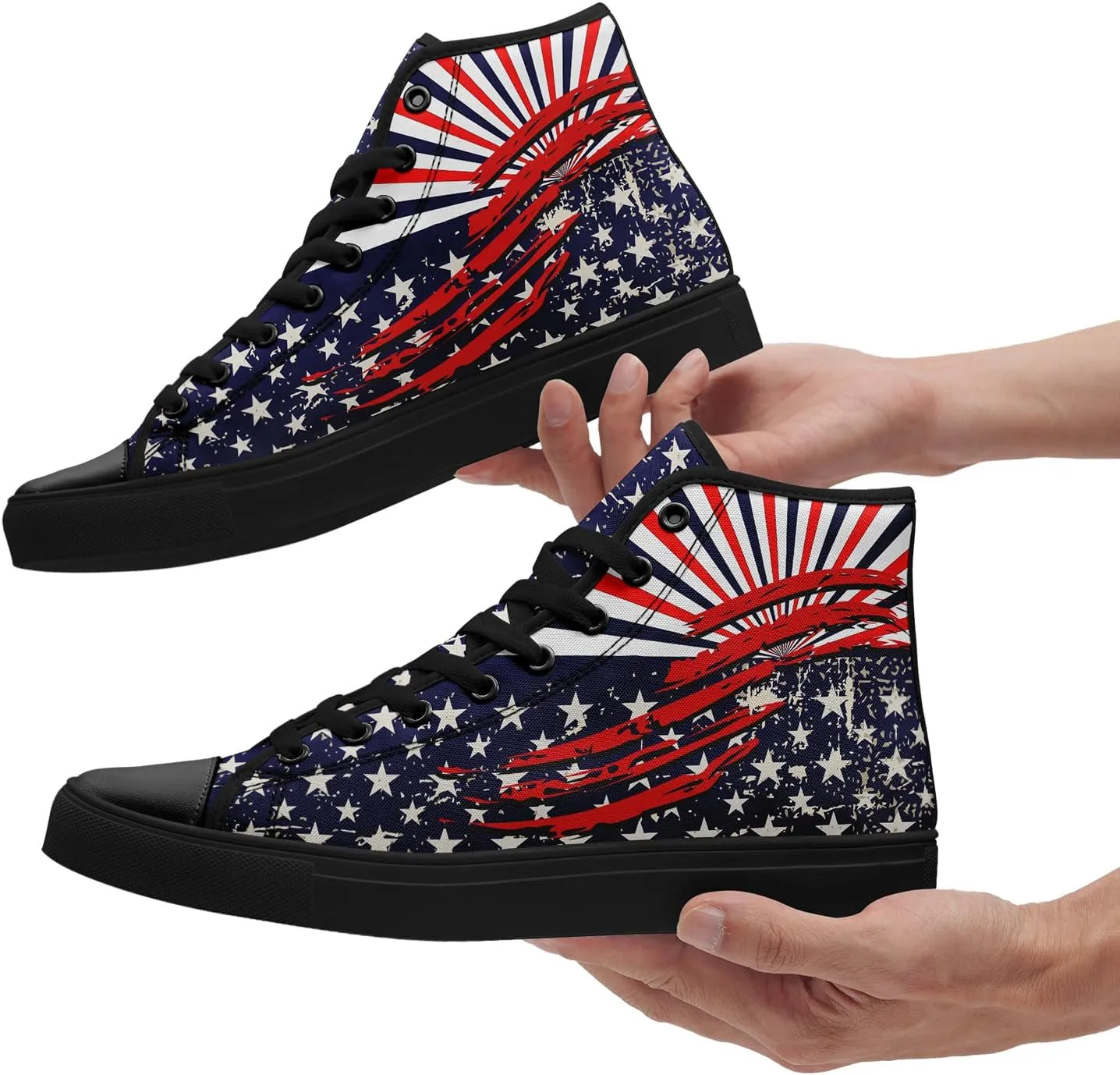 Patriotic Womens Mens Canvas Sneakers American Flag Stars High Top Fashion Tennis Shoes Lace Up Casual Walking Shoes