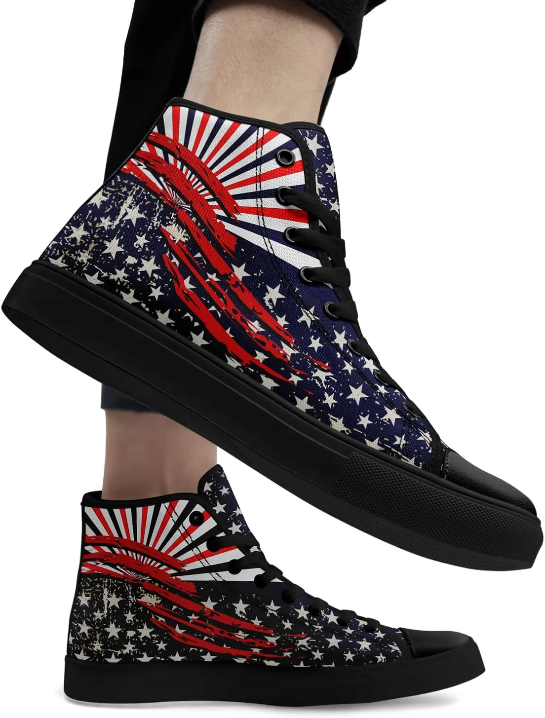 Patriotic Womens Mens Canvas Sneakers American Flag Stars High Top Fashion Tennis Shoes Lace Up Casual Walking Shoes