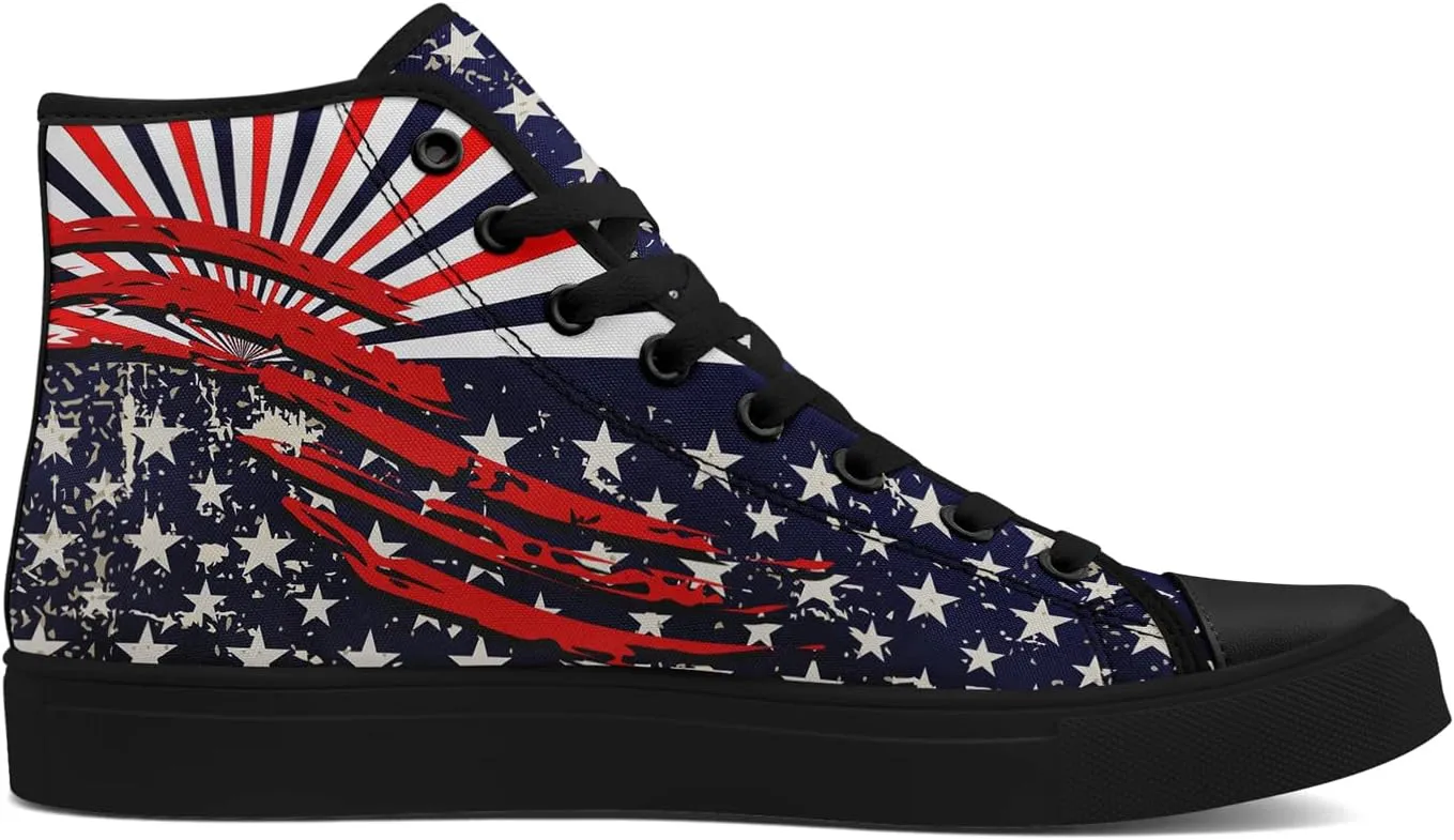 Patriotic Womens Mens Canvas Sneakers American Flag Stars High Top Fashion Tennis Shoes Lace Up Casual Walking Shoes