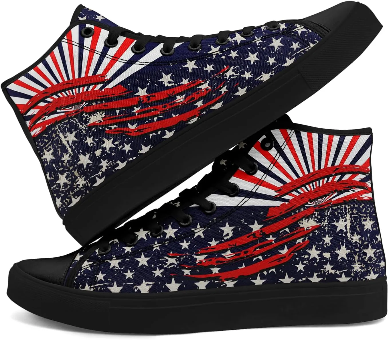 Patriotic Womens Mens Canvas Sneakers American Flag Stars High Top Fashion Tennis Shoes Lace Up Casual Walking Shoes