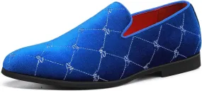 Santimon Men's Silver Stitching Velvet Loafers Slip-On Leather Lined Luxury Smoking Shoes