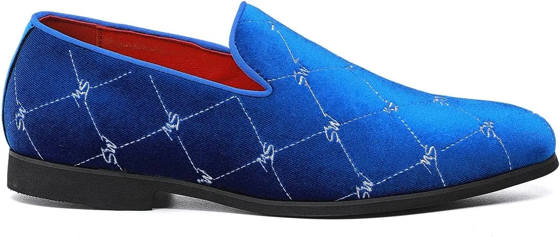 Santimon Men's Silver Stitching Velvet Loafers Slip-On Leather Lined Luxury Smoking Shoes