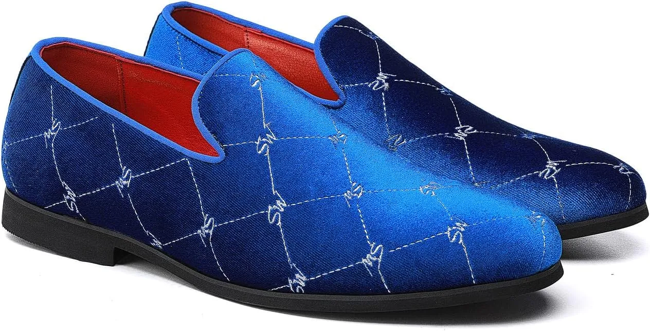 Santimon Men's Silver Stitching Velvet Loafers Slip-On Leather Lined Luxury Smoking Shoes