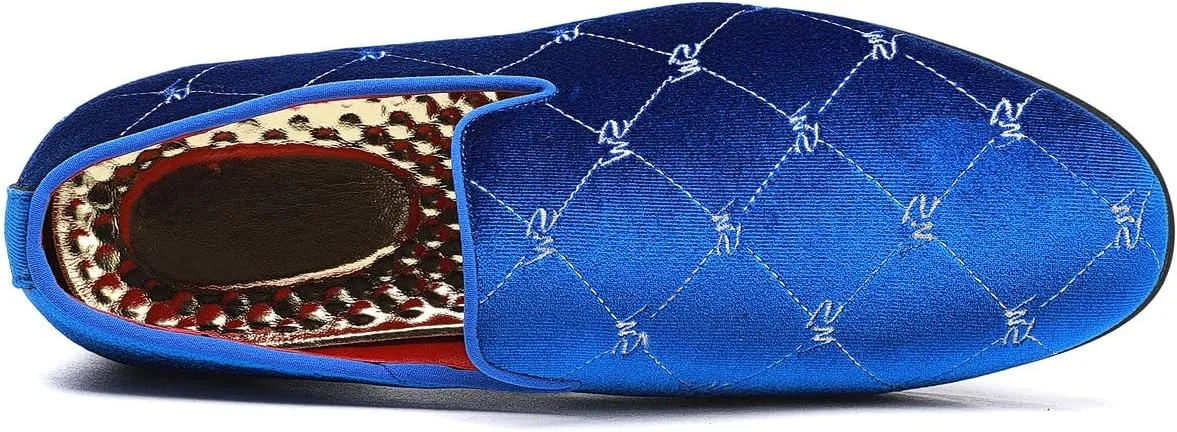Santimon Men's Silver Stitching Velvet Loafers Slip-On Leather Lined Luxury Smoking Shoes
