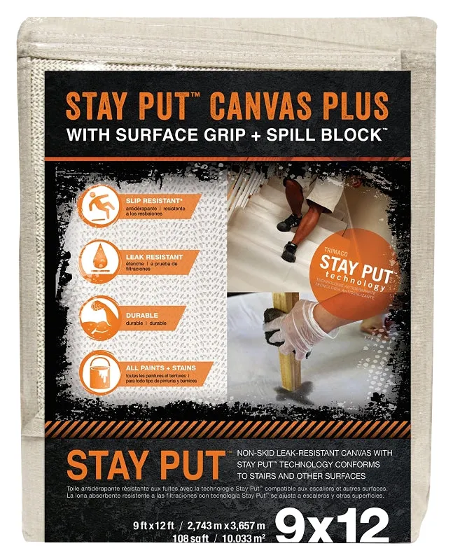 Trimaco Stay Put 4321 Canvas Drop Cloth, 12 ft L, 9 ft W, Canvas/Plastic :EA: QUANTITY: 1