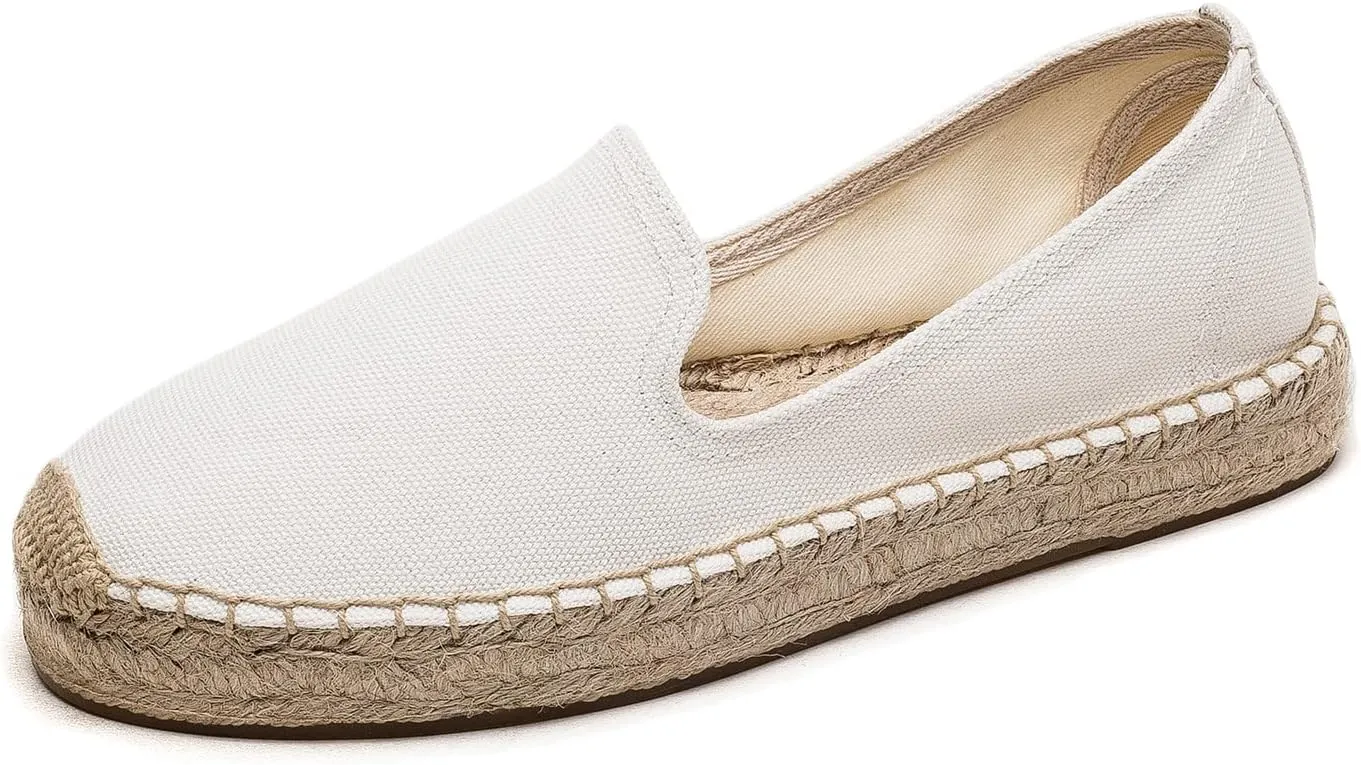 U-lite Women's Classic Slip on Flat Shoes Casual Cap-Toe Platform Simple Espadrille Canvas Loafers White Canvas 10