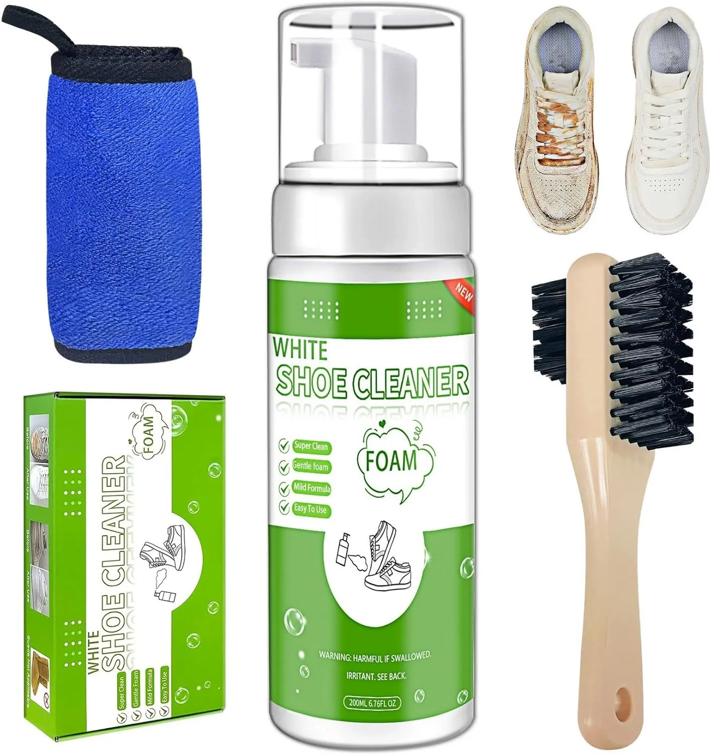White Shoe Cleaner 3 in 1 Foam Sneaker Cleaner Kit, 200ml Foam Shoe Cleaning Kit with Brush and Towel for White Sneaker Tennis Shoe Running Shoe Mesh Canvas Fabric Shoe (White, 1 Pcs)
