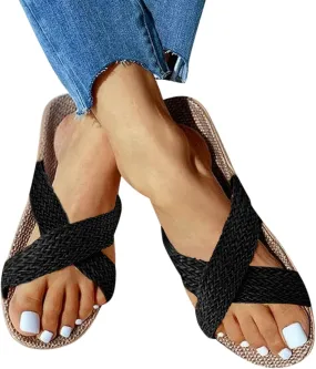 Yanzhenglip Sandals Women, Women'S Cross Straw Sandals Summer Casual Outdoor Sandals Beach Slippers Non-Slip Comfortable Lightweight Flat Sandals